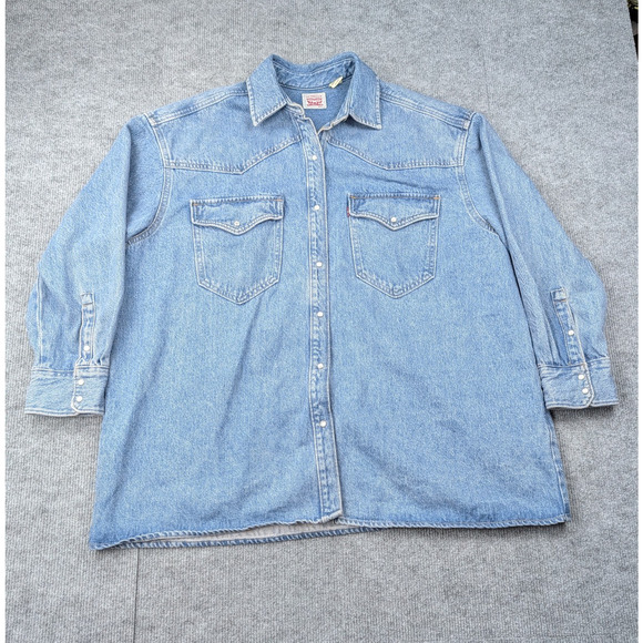 Levis Denim Shirt Womens XL Blue Pearl Snap Western Yoke Vintage Shacket Work - Picture 1 of 5